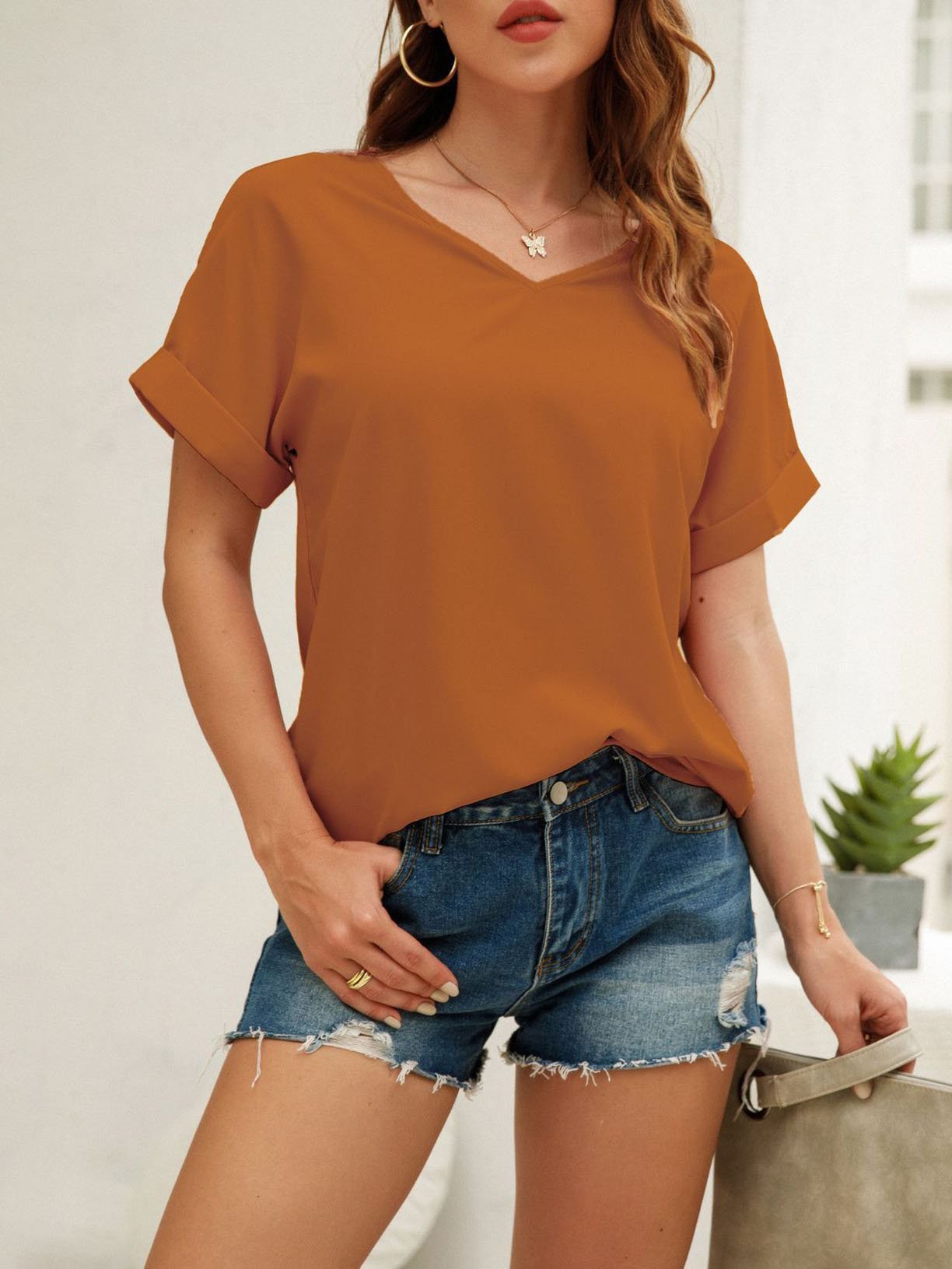 Solid Short-sleeved V-neck Casual Loose T-shirt - T-shirts - INS | Online Fashion Free Shipping Clothing, Dresses, Tops, Shoes - 10-20 - 21/07/2021 - color-pink