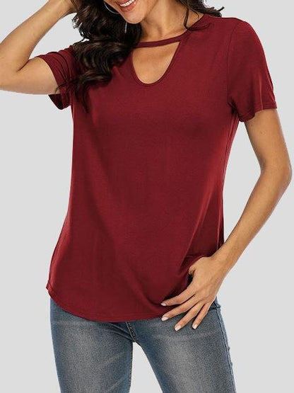 Solid Short-sleeved V-neck Cutout Top - T-Shirts - INS | Online Fashion Free Shipping Clothing, Dresses, Tops, Shoes - 10-20 - 24/06/2021 - color-black