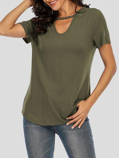 Solid Short-sleeved V-neck Cutout Top - T-Shirts - INS | Online Fashion Free Shipping Clothing, Dresses, Tops, Shoes - 10-20 - 24/06/2021 - color-black