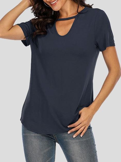 Solid Short-sleeved V-neck Cutout Top - T-Shirts - INS | Online Fashion Free Shipping Clothing, Dresses, Tops, Shoes - 10-20 - 24/06/2021 - color-black