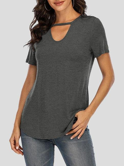 Solid Short-sleeved V-neck Cutout Top - T-Shirts - INS | Online Fashion Free Shipping Clothing, Dresses, Tops, Shoes - 10-20 - 24/06/2021 - color-black