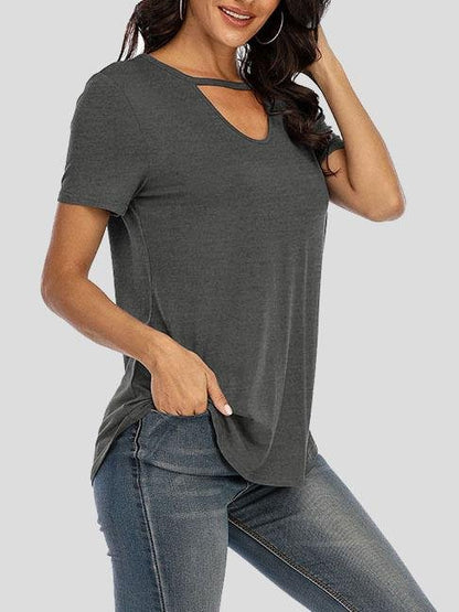 Solid Short-sleeved V-neck Cutout Top - T-Shirts - INS | Online Fashion Free Shipping Clothing, Dresses, Tops, Shoes - 10-20 - 24/06/2021 - color-black