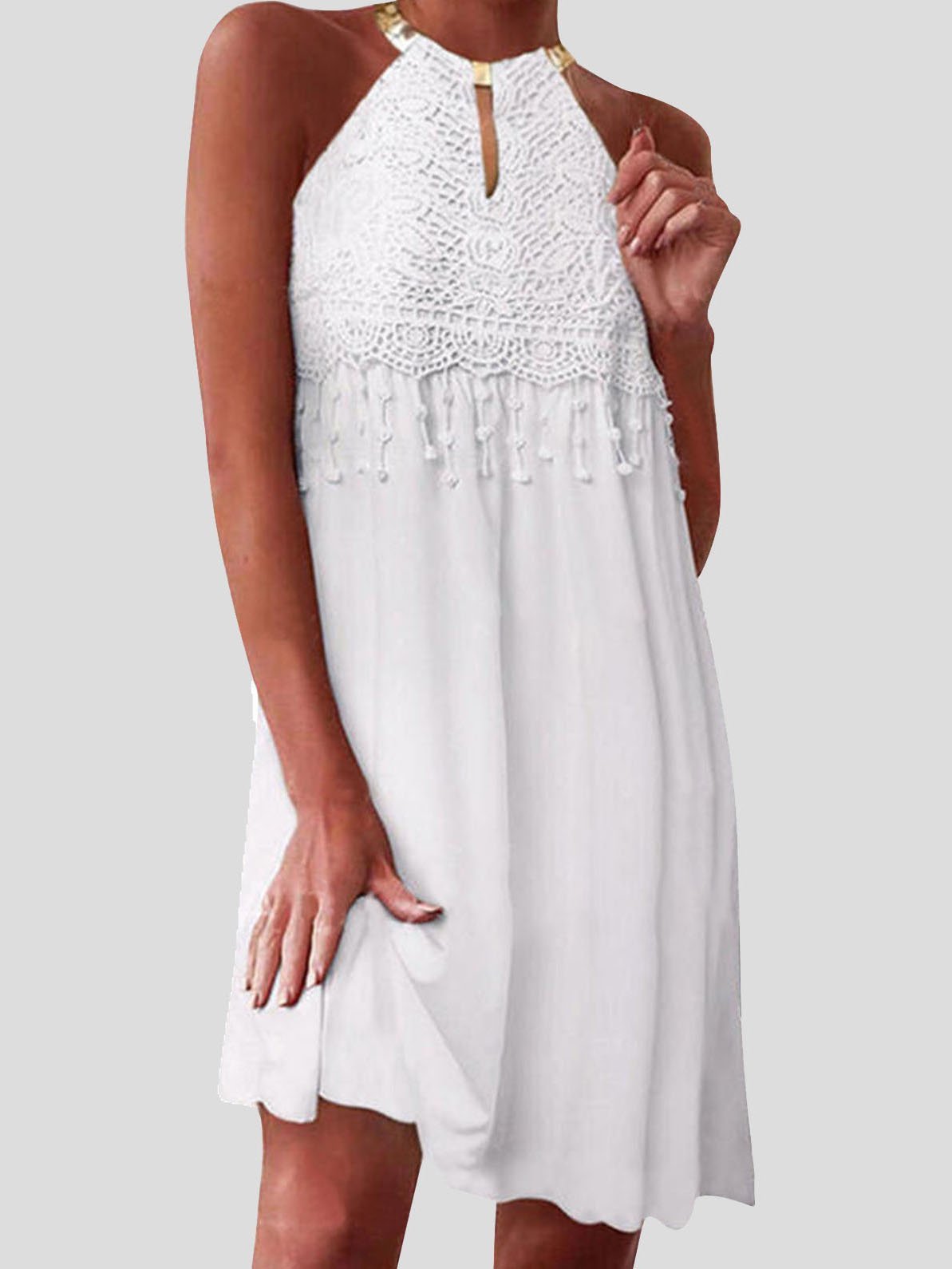 Solid Sleeveless Lace Dangle Mini Dress - Mini Dresses - INS | Online Fashion Free Shipping Clothing, Dresses, Tops, Shoes - 15/07/2021 - 20-30 - Category_Mini Dresses