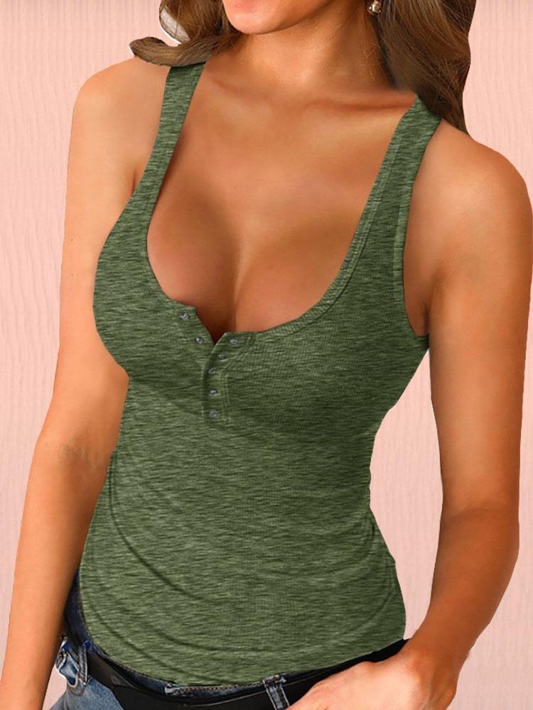 Solid Strap Sleeveless Skinny Button-up Tanks - Tank Tops - INS | Online Fashion Free Shipping Clothing, Dresses, Tops, Shoes - 27/04/2021 - Color_Black - Color_Green