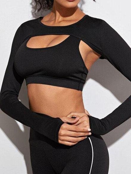 Solid Super Crop Sports Tee Without Bra - Activewear - INS | Online Fashion Free Shipping Clothing, Dresses, Tops, Shoes - 02/03/2021 - Activewear - Black