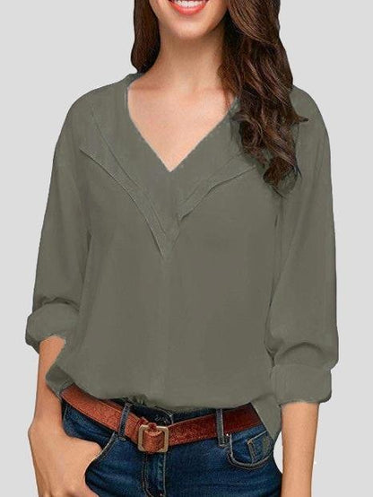 Solid V-neck Long-sleeved Chiffon Blouse - Blouses - INS | Online Fashion Free Shipping Clothing, Dresses, Tops, Shoes - 03/07/2021 - 10-20 - BLO2107031155