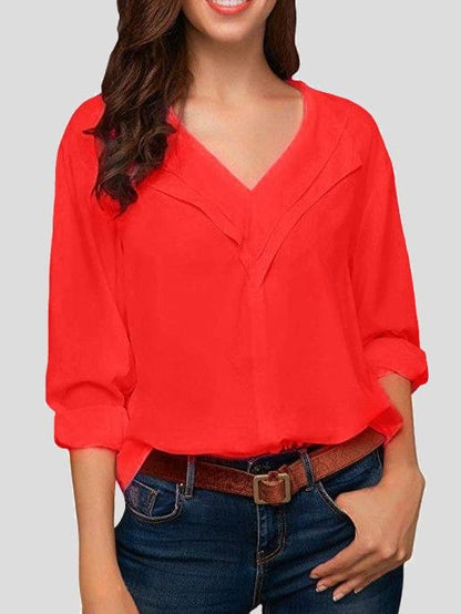 Solid V-neck Long-sleeved Chiffon Blouse - Blouses - INS | Online Fashion Free Shipping Clothing, Dresses, Tops, Shoes - 03/07/2021 - 10-20 - BLO2107031155