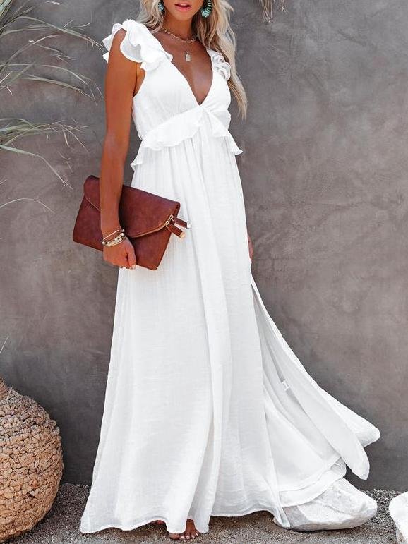 Solid V Neck Ruffle White Maxi Dress - Maxi Dresses - INS | Online Fashion Free Shipping Clothing, Dresses, Tops, Shoes - 22/07/2021 - 30-40 - color-white