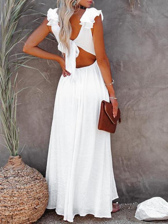 Solid V Neck Ruffle White Maxi Dress - Maxi Dresses - INS | Online Fashion Free Shipping Clothing, Dresses, Tops, Shoes - 22/07/2021 - 30-40 - color-white