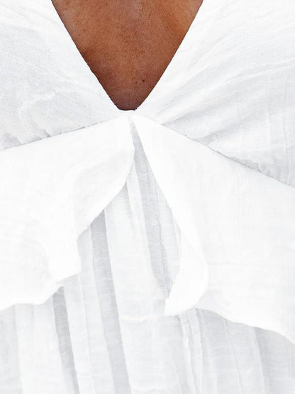 Solid V Neck Ruffle White Maxi Dress - Maxi Dresses - INS | Online Fashion Free Shipping Clothing, Dresses, Tops, Shoes - 22/07/2021 - 30-40 - color-white