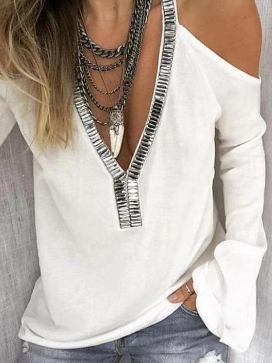 Solid V-neck Sequined Long-sleeved T-shirt - Blouses - INS | Online Fashion Free Shipping Clothing, Dresses, Tops, Shoes - 10-20 - 19/06/2021 - blouses