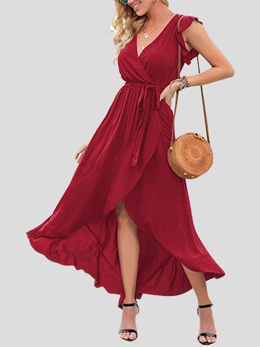 Solid V-Neck Short Sleeve Split Dress - Maxi Dresses - INS | Online Fashion Free Shipping Clothing, Dresses, Tops, Shoes - 19/07/2021 - 20-30 - Category_Maxi Dresses