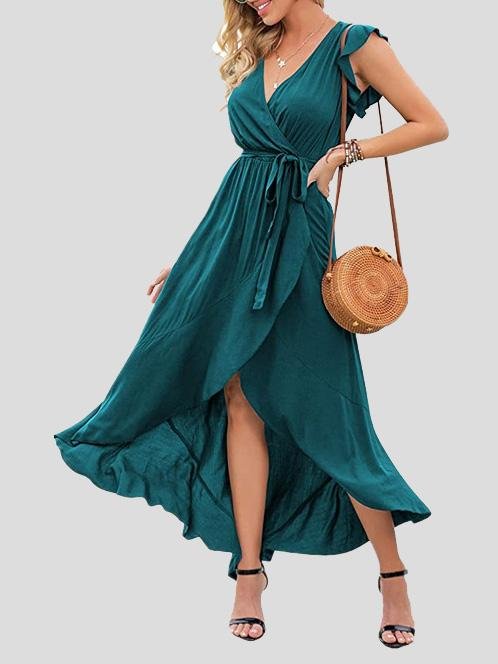 Solid V-Neck Short Sleeve Split Dress - Maxi Dresses - INS | Online Fashion Free Shipping Clothing, Dresses, Tops, Shoes - 19/07/2021 - 20-30 - Category_Maxi Dresses