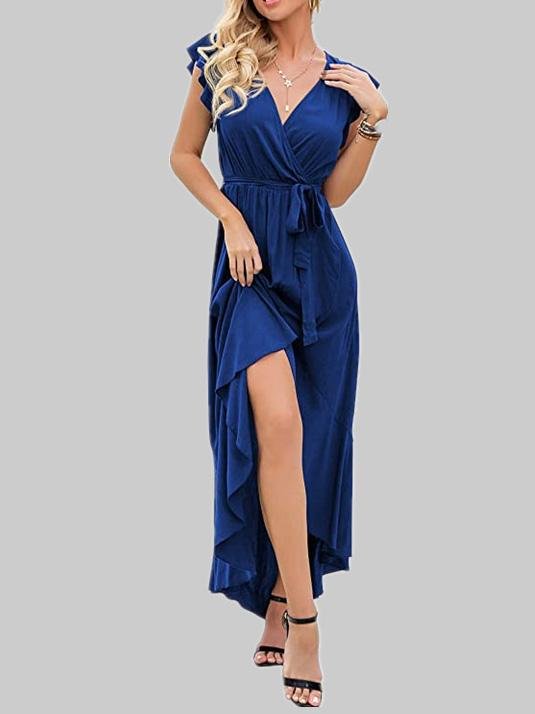 Solid V-Neck Short Sleeve Split Dress - Maxi Dresses - INS | Online Fashion Free Shipping Clothing, Dresses, Tops, Shoes - 19/07/2021 - 20-30 - Category_Maxi Dresses