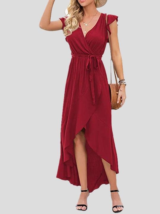 Solid V-Neck Short Sleeve Split Dress - Maxi Dresses - INS | Online Fashion Free Shipping Clothing, Dresses, Tops, Shoes - 19/07/2021 - 20-30 - Category_Maxi Dresses