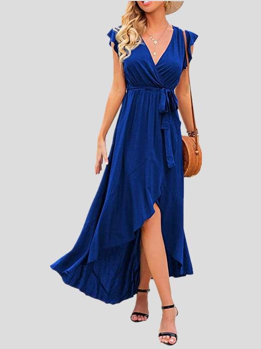 Solid V-Neck Short Sleeve Split Dress - Maxi Dresses - INS | Online Fashion Free Shipping Clothing, Dresses, Tops, Shoes - 19/07/2021 - 20-30 - Category_Maxi Dresses