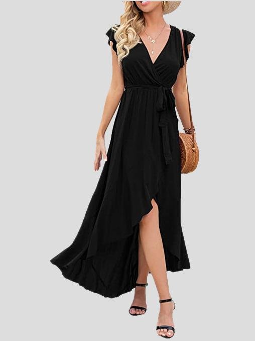 Solid V-Neck Short Sleeve Split Dress - Maxi Dresses - INS | Online Fashion Free Shipping Clothing, Dresses, Tops, Shoes - 19/07/2021 - 20-30 - Category_Maxi Dresses