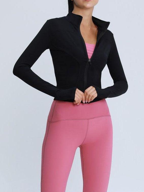 Solid Zip Up Sports Jacket With Thumb Holes - Activewear - INS | Online Fashion Free Shipping Clothing, Dresses, Tops, Shoes - 02/03/2021 - Activewear - Autumn