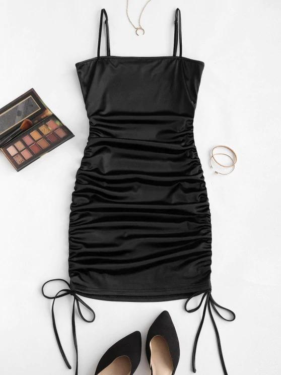 Spaghetti Strap Cinched Satin Bodycon Dress - INS | Online Fashion Free Shipping Clothing, Dresses, Tops, Shoes