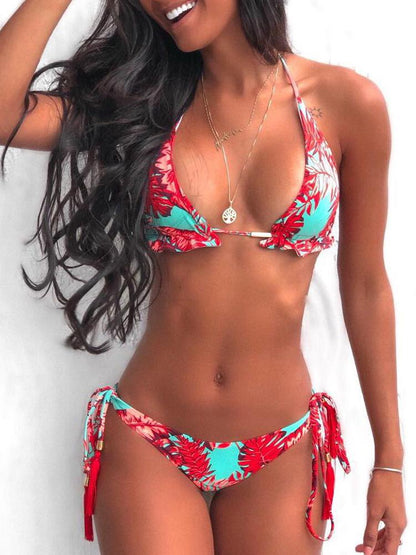 Spaghetti Strap Halter Tropical Print Bikini - Bikinis - INS | Online Fashion Free Shipping Clothing, Dresses, Tops, Shoes - 26/04/2021 - BIK210427042 - Bikinis