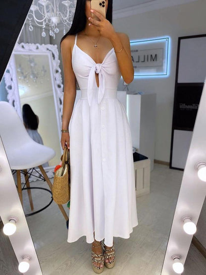 Spaghetti Strap Knotted Cutout Button Dress - Maxi Dresses - INS | Online Fashion Free Shipping Clothing, Dresses, Tops, Shoes - 28/04/2021 - Category_Maxi Dresses - Color_White