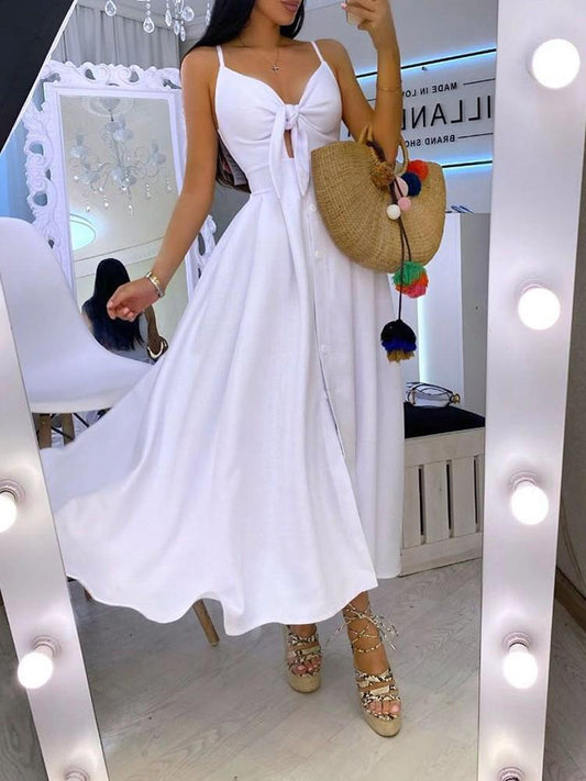 Spaghetti Strap Knotted Cutout Button Dress - Maxi Dresses - INS | Online Fashion Free Shipping Clothing, Dresses, Tops, Shoes - 28/04/2021 - Category_Maxi Dresses - Color_White