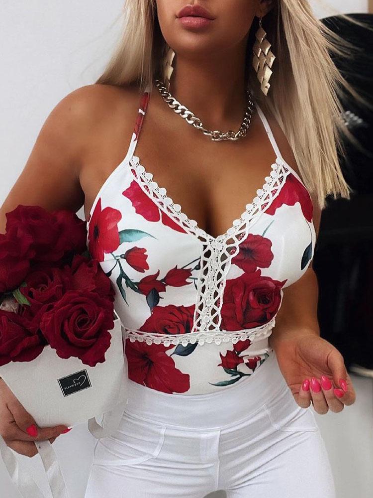 Spaghetti Strap Lace Trim Floral Print Tank Crop Top - Tank Tops - INS | Online Fashion Free Shipping Clothing, Dresses, Tops, Shoes - 26/04/2021 - Color_White - Season_Spring