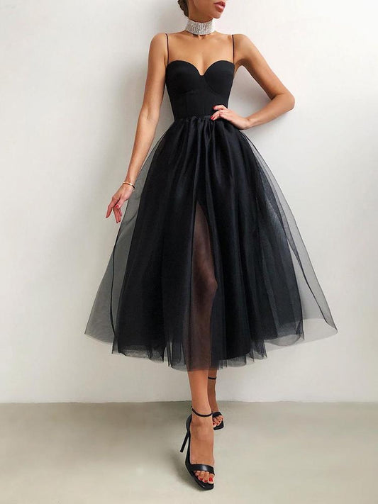 Spaghetti Strap Plain Sheer Mesh Evening Dress - Midi Dresses - INS | Online Fashion Free Shipping Clothing, Dresses, Tops, Shoes - 27/04/2021 - Color_Black - DRE210427098