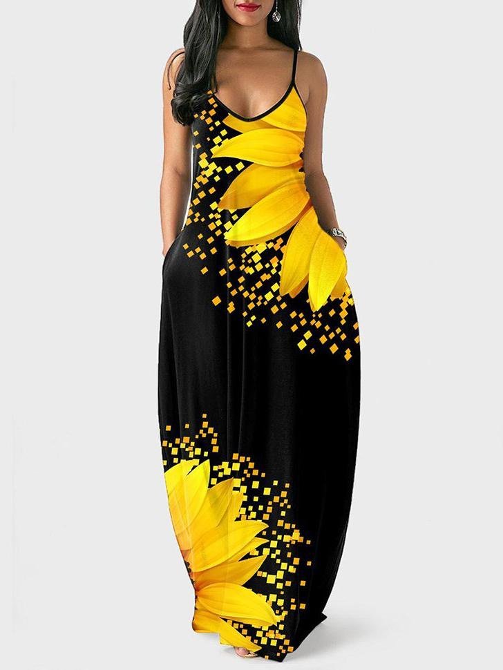 Spaghetti Strap Sunflower Print Pocket Maxi Dress - Maxi Dresses - INS | Online Fashion Free Shipping Clothing, Dresses, Tops, Shoes - "Color_Yellow - 20/04/2021 - Category_Maxi Dresses
