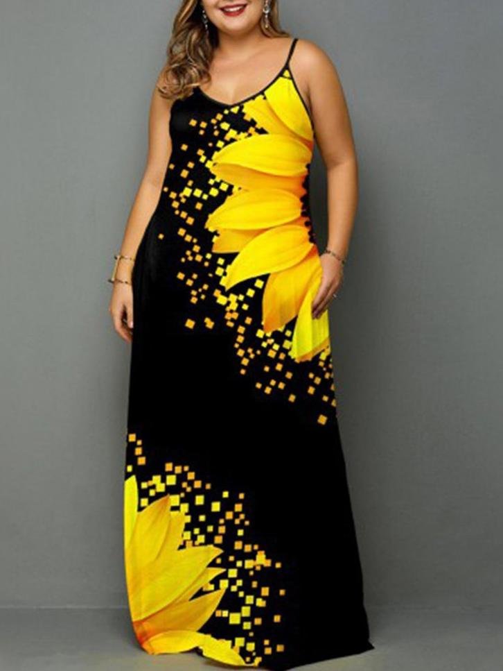 Spaghetti Strap Sunflower Print Pocket Maxi Dress - Maxi Dresses - INS | Online Fashion Free Shipping Clothing, Dresses, Tops, Shoes - "Color_Yellow - 20/04/2021 - Category_Maxi Dresses