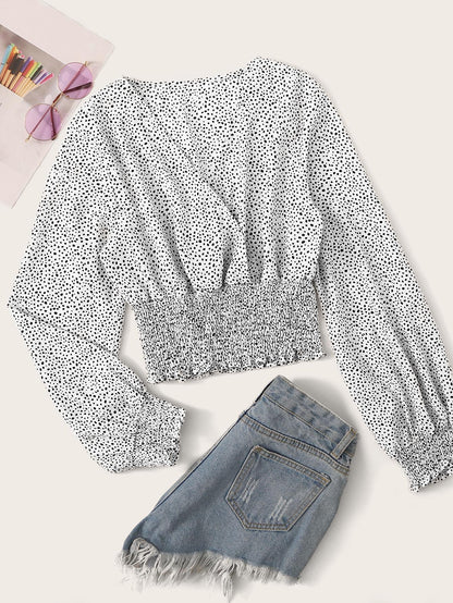 Speckled Smocked Long Sleeve Top - INS | Online Fashion Free Shipping Clothing, Dresses, Tops, Shoes