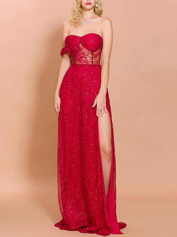 Split Thigh Sequin Mesh Bustier Prom Dress - Dresses - INS | Online Fashion Free Shipping Clothing, Dresses, Tops, Shoes - 02//03/2021 - chiffon-dress - Color_Red