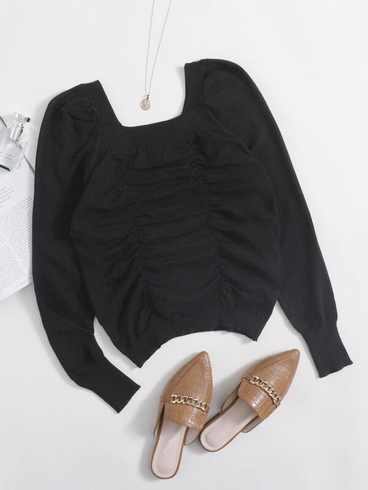 Square Neck Ruched Sweater - INS | Online Fashion Free Shipping Clothing, Dresses, Tops, Shoes