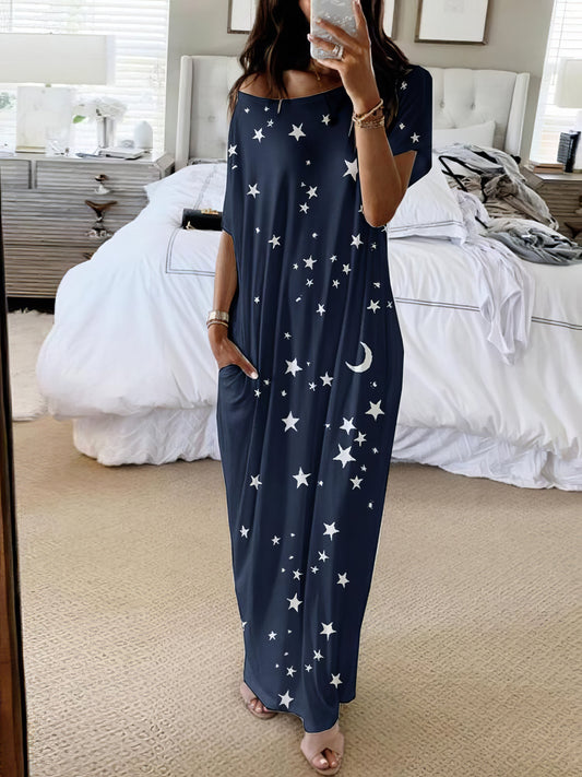 Maxi Dresses - Star And Moon Print Short Sleeve Maxi Dress - MsDressly