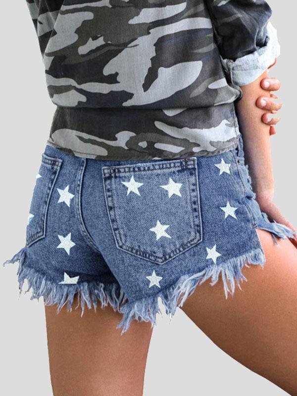 Star Print Fringed Denim Shorts - Shorts - INS | Online Fashion Free Shipping Clothing, Dresses, Tops, Shoes - 15/07/2021 - 20-30 - Bottoms