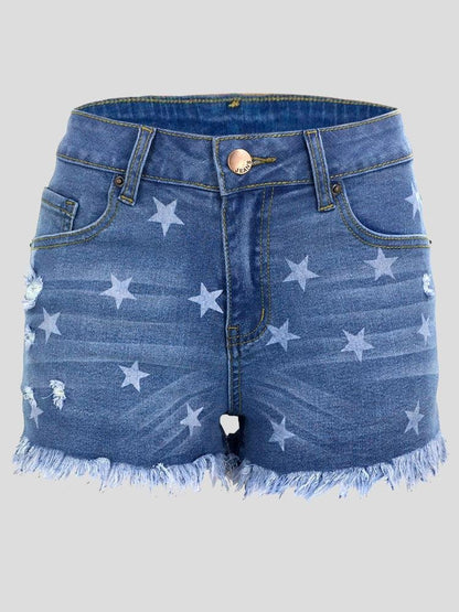 Star Print Fringed Denim Shorts - Shorts - INS | Online Fashion Free Shipping Clothing, Dresses, Tops, Shoes - 15/07/2021 - 20-30 - Bottoms