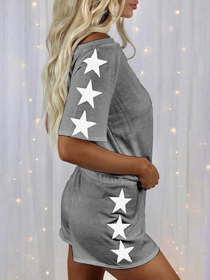 Star Print Short-sleeved Round Neck Casual Suit - Sets - INS | Online Fashion Free Shipping Clothing, Dresses, Tops, Shoes - 17/06/2021 - 20-30 - Bottoms