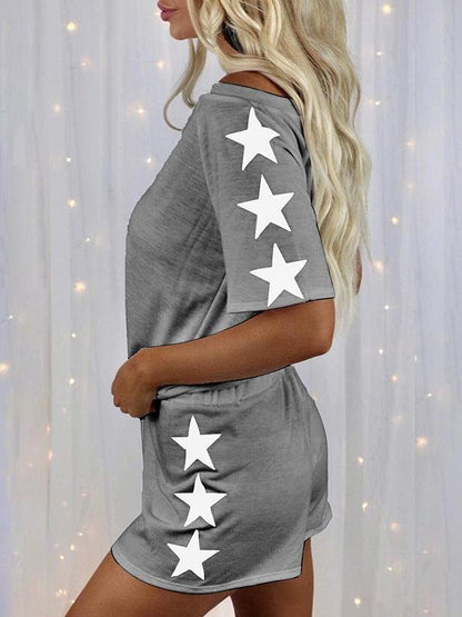 Star Print Short-sleeved Round Neck Casual Suit - Sets - INS | Online Fashion Free Shipping Clothing, Dresses, Tops, Shoes - 17/06/2021 - 20-30 - Bottoms