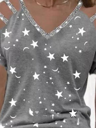 Star Print V-Neck Off The Shoulder T-Shirt - T-Shirts - INS | Online Fashion Free Shipping Clothing, Dresses, Tops, Shoes - 20-30 - 27/07/2021 - Category_T-Shirts