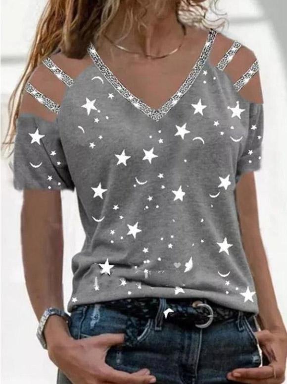 Star Print V-Neck Off The Shoulder T-Shirt - T-Shirts - INS | Online Fashion Free Shipping Clothing, Dresses, Tops, Shoes - 20-30 - 27/07/2021 - Category_T-Shirts