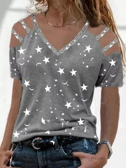 Star Print V-Neck Off The Shoulder T-Shirt - T-Shirts - INS | Online Fashion Free Shipping Clothing, Dresses, Tops, Shoes - 20-30 - 27/07/2021 - Category_T-Shirts