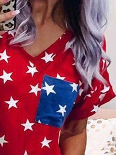 Star-shaped Pocket Short-sleeved T-shirt - T-shirts - INS | Online Fashion Free Shipping Clothing, Dresses, Tops, Shoes - 10-20 - 29/06/2021 - color-red