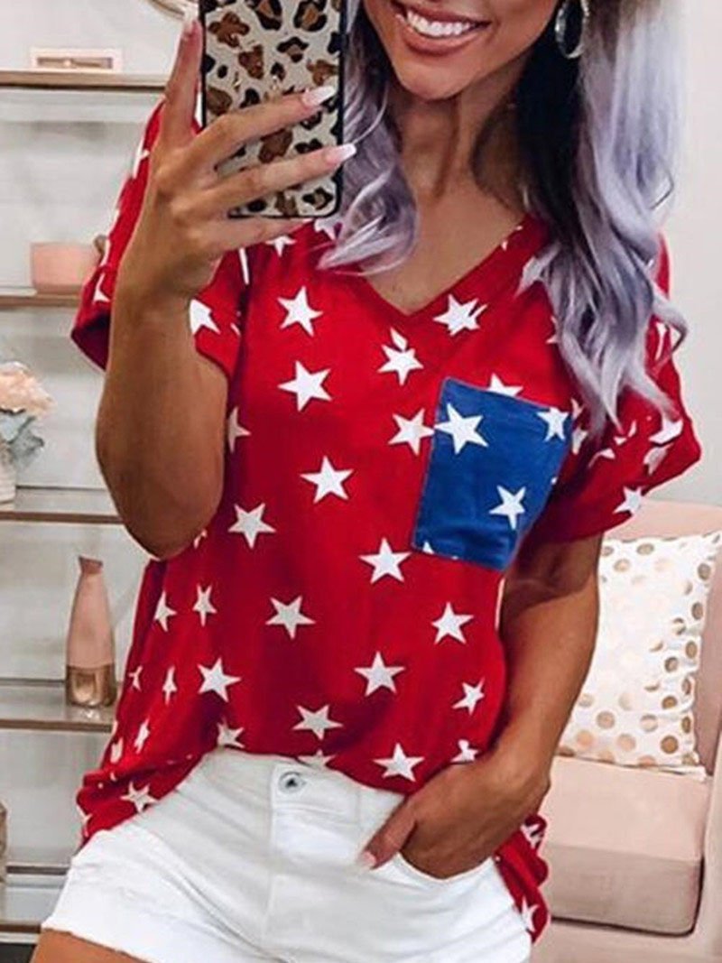 Star-shaped Pocket Short-sleeved T-shirt - T-shirts - INS | Online Fashion Free Shipping Clothing, Dresses, Tops, Shoes - 10-20 - 29/06/2021 - color-red