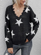 Star Side Slit Distressed V Neck Sweater - Sweaters - INS | Online Fashion Free Shipping Clothing, Dresses, Tops, Shoes - 02/07/2021 - Autumn - Black