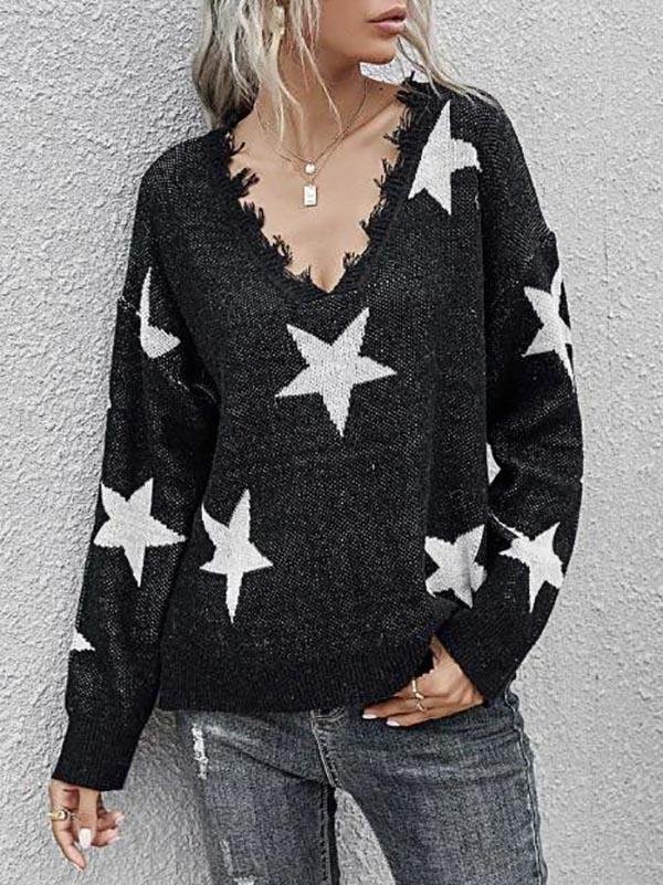 Star Side Slit Distressed V Neck Sweater - Sweaters - INS | Online Fashion Free Shipping Clothing, Dresses, Tops, Shoes - 02/07/2021 - Autumn - Black