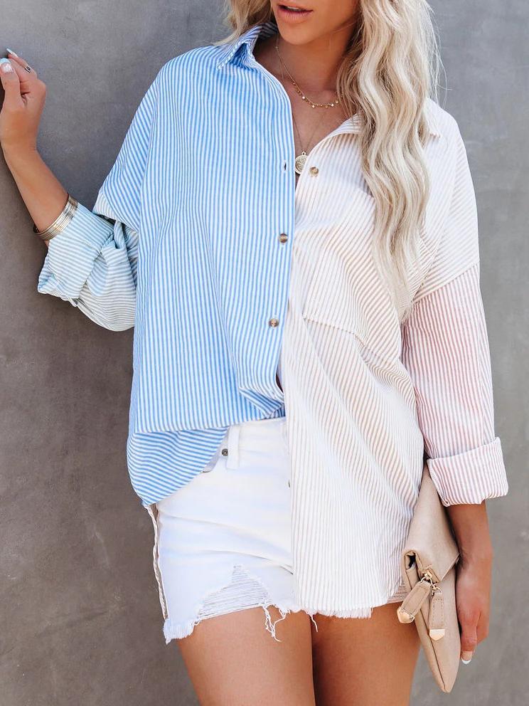 Stitched Color Striped Single-breasted Shirt - Blouses - INS | Online Fashion Free Shipping Clothing, Dresses, Tops, Shoes - 05/07/2021 - 30-40 - BLO2107051165