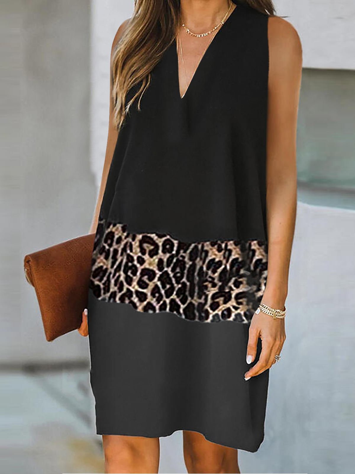 Stitched Leopard Print Sleeveless Dresses - Mini Dresses - INS | Online Fashion Free Shipping Clothing, Dresses, Tops, Shoes - 11/06/2021 - Color_Black - Color_Blue