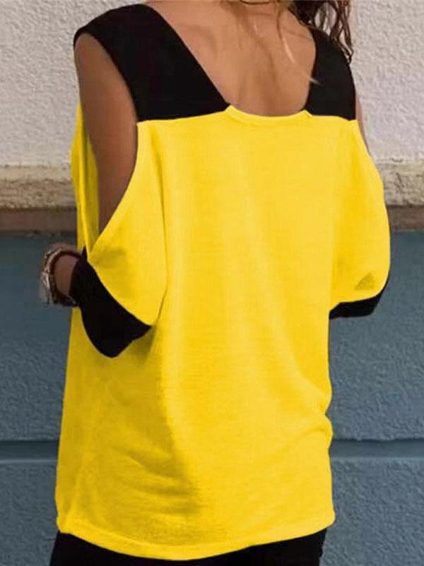 Stitching Contrast Off-shoulder V-neck T-shirt - T-shirts - INS | Online Fashion Free Shipping Clothing, Dresses, Tops, Shoes - 10-20 - 28/06/2021 - color-orange