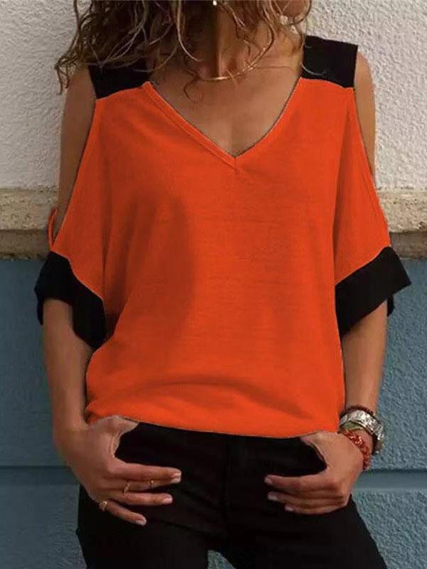 Stitching Contrast Off-shoulder V-neck T-shirt - T-shirts - INS | Online Fashion Free Shipping Clothing, Dresses, Tops, Shoes - 10-20 - 28/06/2021 - color-orange