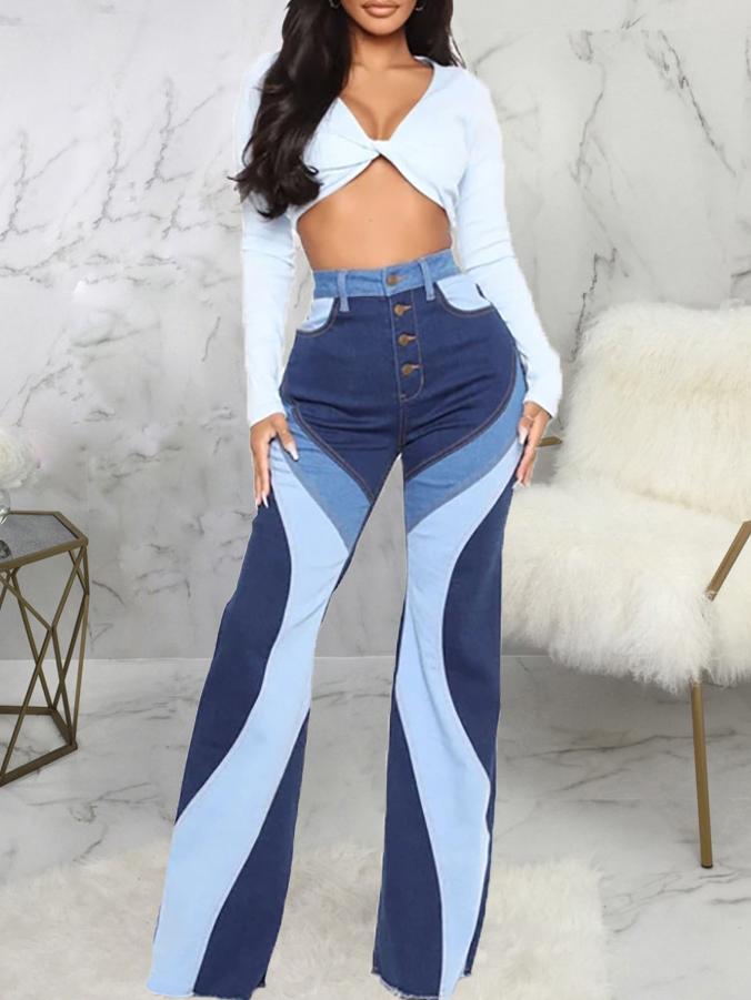 Stitching Washed Denim Stretch Slim Flared Pants - Jeans - INS | Online Fashion Free Shipping Clothing, Dresses, Tops, Shoes - 02/07/2021 - 40-50 - Bottoms